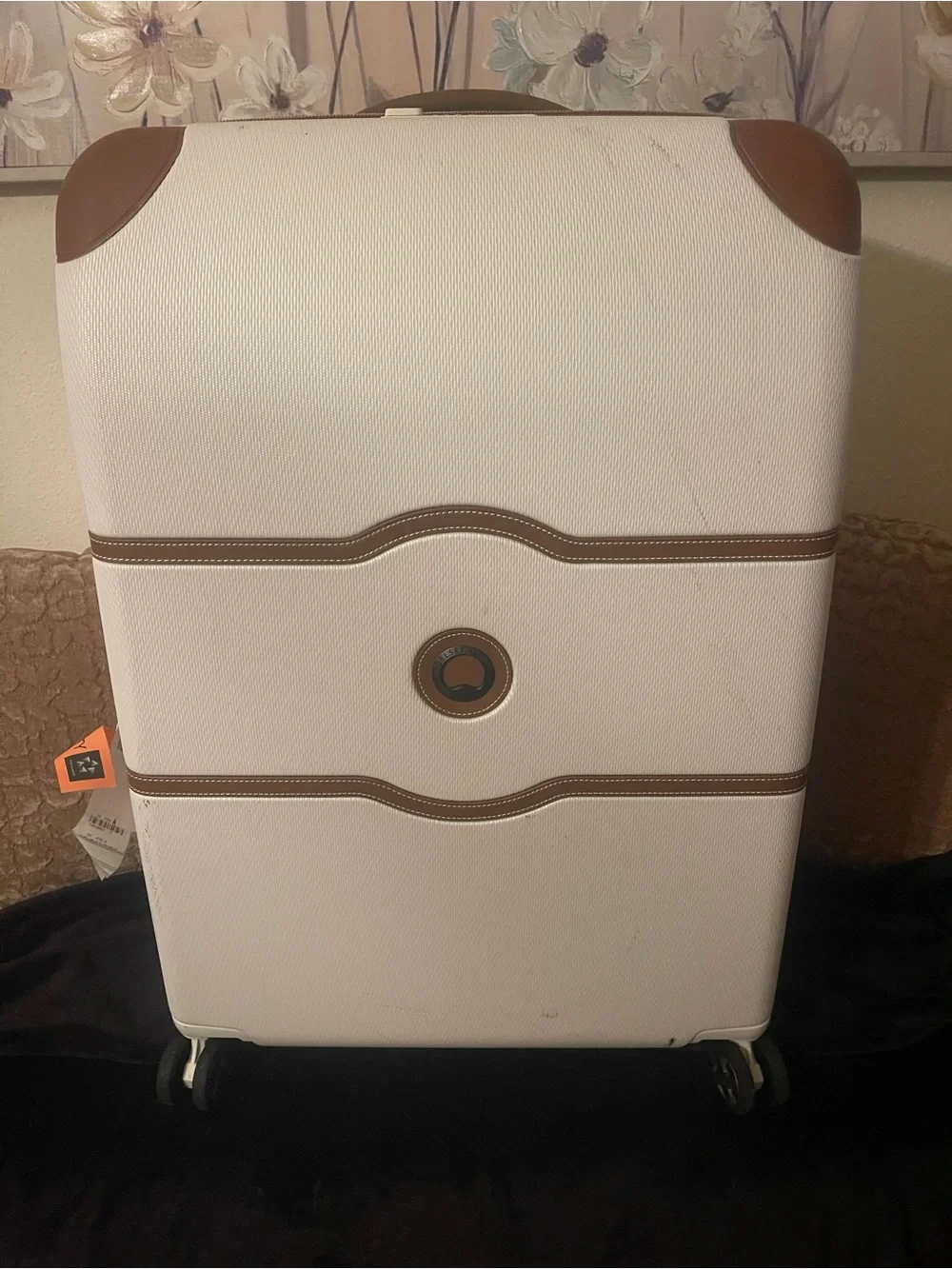 else White Hardside Spinner Luggage with Brown Trim